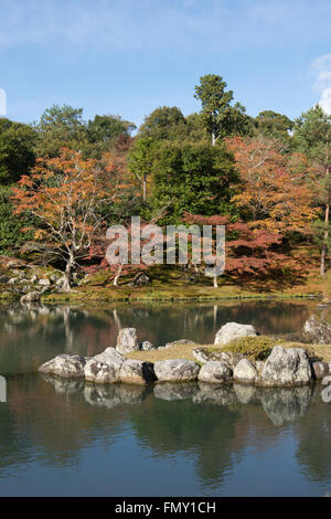 Japan, Kinki-Region, Kyoto Präfektur, Stadt Kyoto, Tenryu-Ji-Tempel, Spiegelbild der Herbst Bäume auf Teich, Sogen. Stockfoto