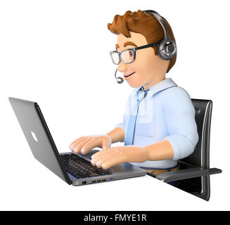 3d-Geschäft Leute. Mann bei der Arbeit in einem Call Center. isoliert weißer Hintergrund. Stockfoto