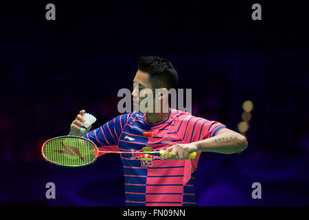 Barclaycard Arena, Birmingham, UK. 13. März 2016. Yonex All England Open Badminton Championships. Lin Dan China, Herren Einzel Finale Service Credit: Action Plus Sport/Alamy Live News Stockfoto