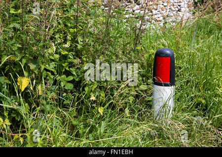 Ein am Straßenrand Poller in verwilderten Rasen. Stockfoto