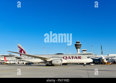 Boeing b-787, B787, 8, 9, Dreamliner, Dream Liner, Katar, Flugzeug, Flughafen, Übersicht, Panorama, anzeigen, line-up, Flugzeuge, Stockfoto