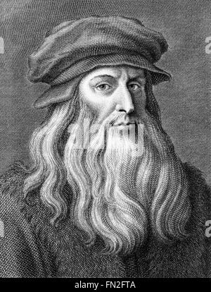 Leonardo da Vinci, Porträt von Cosimo Colombini zwischen 1770 und 1810 graviert. Stockfoto