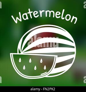 Weiße dünne Liniensymbol der Wassermelone mit Namen auf Netz-Hintergrund Stock Vektor