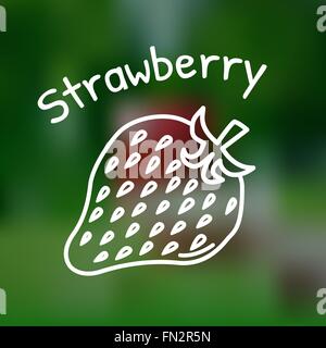 Weiße dünne Liniensymbol der Erdbeere mit Namen auf Netz-Hintergrund Stock Vektor