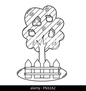 Dünne Linie Garten Baum mit Äpfeln, Birnen und Kirschen Stock Vektor