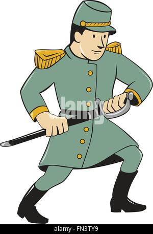 Abbildung eines Soldaten der Konföderiertenarmee während des amerikanischen Bürgerkriegs zeichnen sein Schwert auf isolierte Hintergrund getan im Cartoon-Stil. Stock Vektor