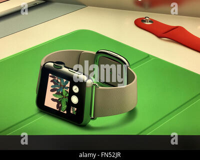 New York, New York City, USA NEW YORK, Vereinigte Staaten Amerika - 23. Februar 2016: Neue Apple Watch Smartwatch anzeigen auf einem Plakat Stockfoto