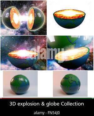Illustration einer in Scheiben geschnittenen Erde und eine Explosion in der mittleren 3D-Effekt und zwei Globen mit Reflexion und extrudiert Stockfoto