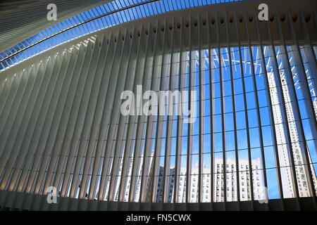 Blick durch die gläserne Decke und Wände im Inneren der WTC Oculus, New York City, NY, USA Stockfoto
