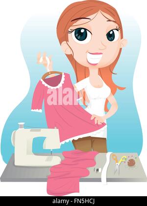 Cartoon-Mädchen zeigt ihre DIY dress mit Nähmaschine Stock Vektor