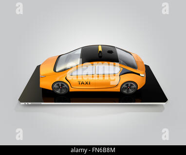 Gelbe Elektro-Taxi auf Smartphone. Konzept für mobile Taxi-Bestellung-Service. Stockfoto