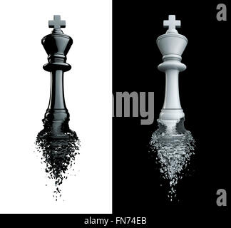 Abschied von den König / 3D Rendervorgang Schachkönig auseinander zu brechen, isoliert auf schwarz und weiß Stockfoto