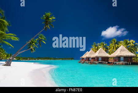 Strandvillen auf einer tropischen Insel mit Palmen und Sandstrand Stockfoto