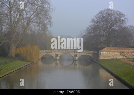 Blick in Richtung Clare Brücke über den Fluss Cam an einem nebligen Morgen im frühen Frühling, University of Cambridge, Cambridge, England. Stockfoto