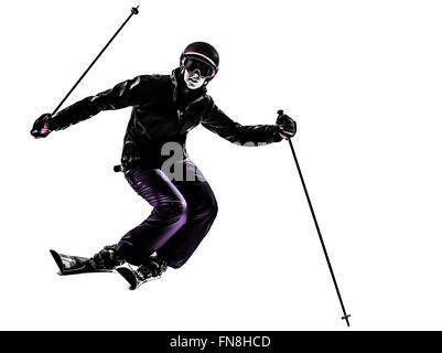 eine Frau Skifahrer Ski slaloming Silhouette auf weißem Hintergrund Stockfoto