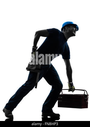 ein Arbeiter Mann Rückenschmerzen Schmerzen in der Silhouette auf weißem Hintergrund Stockfoto