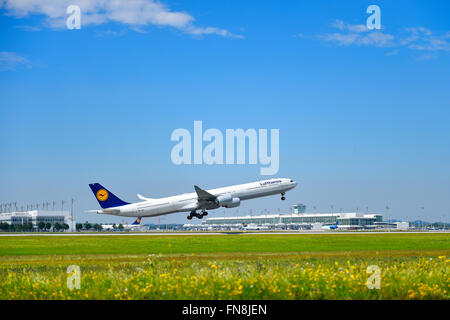 Lufthansa, LH, Airbus A 340, 600, A340-600, nehmen, ausziehen, Flugzeug, Flughafen, Übersicht, Panorama, Aussicht, Flugzeuge, Flugzeug, Stockfoto