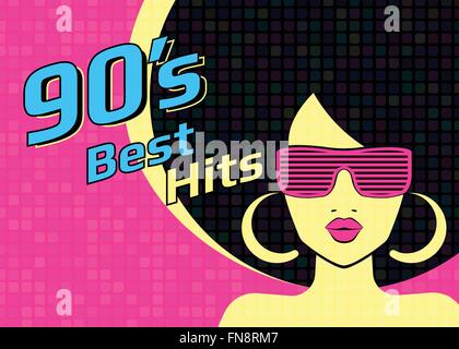 Die besten Hits der 90er Jahre Illistration mit Disco Frau mit Brille und auf rosa Hintergrund Stock Vektor
