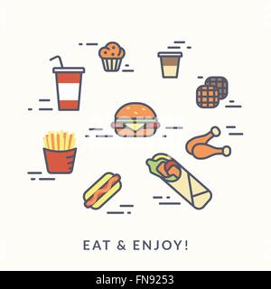 Satz von Junk-Food Kontur Symbole Burger mit hotdog Stock Vektor