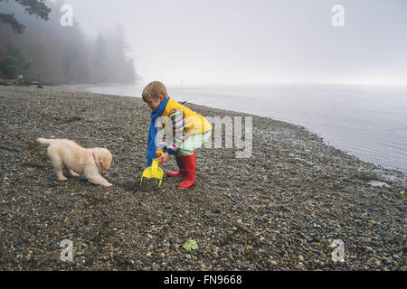 Jungen spielen mit golden Retriever Welpe Hund am Strand