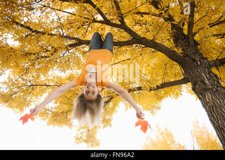 Ein Mädchen kopfüber von einem Ast hängend, halten zwei große Ahorn Blätter im Herbst. Stockfoto