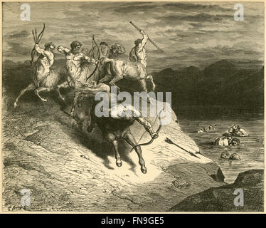 Antike ca. 1890 Gravur, Dante's Inferno von Gustave Dore, Canto XII Linien 73-74, "wir die Tiere, das schnelle Schritt entlang, näherte." QUELLE: ORIGINAL GRAVUR. Stockfoto