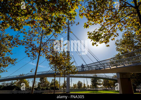 Moderne Brücke über Ronda Litoral Avenue im Stadtteil Diagonal Mar, Barcelona, Katalonien, Spanien Stockfoto