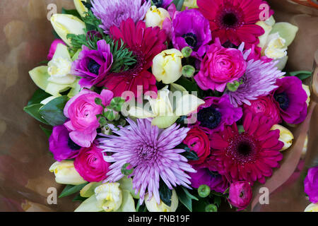 Bouquet von Kalanchoe, Chrysantheme, Eukalyptus, Aster und Getreide, Ranunkeln Stockfoto