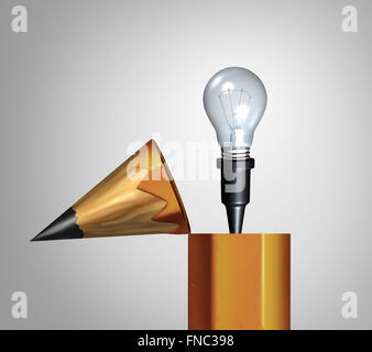 Idee-Bleistift-Konzept als offene Zeichnung Instrument mit einem aufstrebenden hell leuchtende Glühbirne oder Glühlampe als ein Symbol für schöpferische Phantasie Metapher oder Bildung Lösungen. Stockfoto