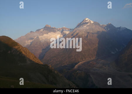 Aiguille de Tre la Tete, Morgenlicht, Mont Blanc-Massivs, von der Alp oberhalb Val Veny, Italien Stockfoto