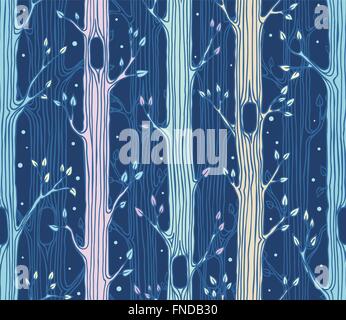 Nahtlose Muster mit Bäumen, Nacht-Wald-Hintergrund, Wald im Frühjahr Stock Vektor