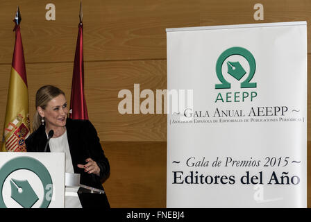 Excma. Frau Cristina Cifuentes, Präsident der Comunidad de Madrid in der Publishing Journalist Prize Zeremonie AEEPP im Casa Real de Correos, Madrid, Spanien, 14 St März 2016 Stockfoto