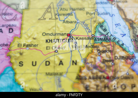 Schönes Foto von einer Karte des Sudan und in der Hauptstadt Khartum. Stockfoto