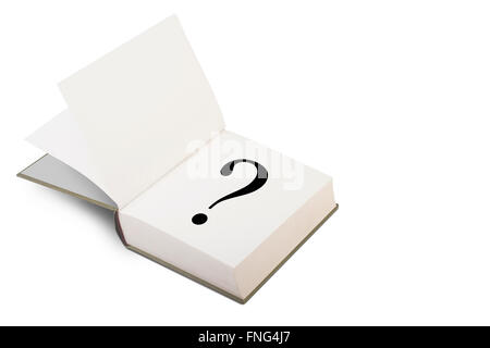 Eine offene Hardcover-Buch mit leeren Seiten mit dem Fragezeichen-Zeichen auf der rechten Seite geschrieben. Isoliert auf weißem Hintergrund. Stockfoto