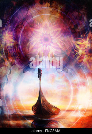 Boot mit orientalischen ornamentalen Mandala und Farbe Hintergrund. Original Malerei Collage. Stockfoto