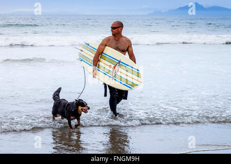 Ein junger Mann geht Surfen, waipu Cove, Waipu, Northland, Neuseeland Stockfoto