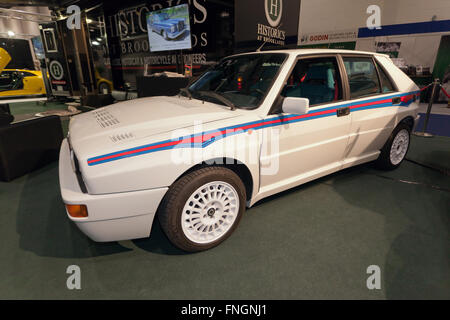 Eine 1992 Lancia Delta Integrale Evo 1 Martini 6, auf statischer Anzeige an der 2016 London Classic Car Show. Stockfoto