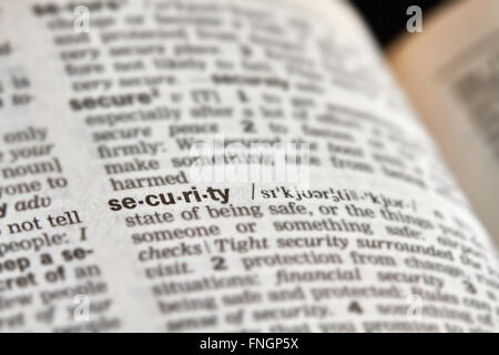 Sicherheit Wort Definition Text im Wörterbuch Stockfoto