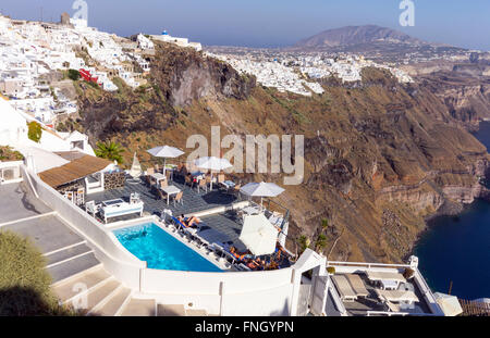 Griechenland, Kykladen, Santorini Insel, Fira, Blick auf die caldera Stockfoto