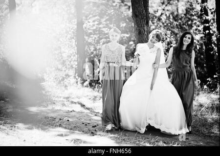 Niedliche Braut mit zwei Brautjungfern auf grünen Samtkleid Stockfoto