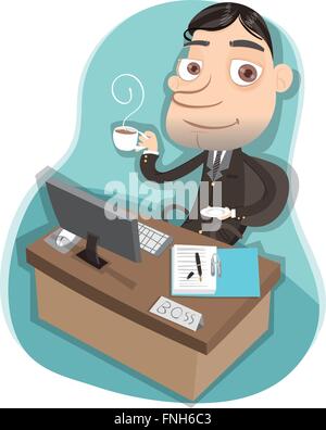 Cartoon-Chef am Arbeitstisch mit einer Tasse Kaffee. Stock Vektor