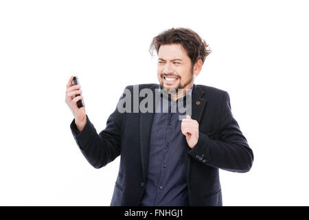 Geschäftsmann, schlechten isolierten auf einem weißen Hintergrund Telefon Anruf annehmen Stockfoto