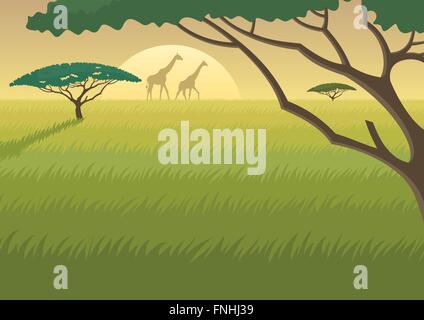 Landschaft der afrikanischen Savanne in der Dämmerung/Dämmerung. A4-Proportionen. Stock Vektor