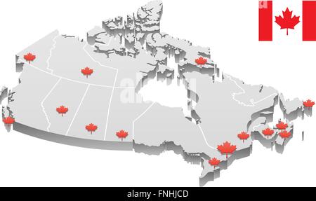 3D Karte von Kanada, die Hauptstädte der Provinzen und Territorien sowie Grenzen zeigt. Hauptstädte sind und Grenzen auf separaten l Stock Vektor