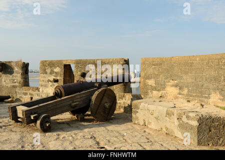 Kanone auf die Mauern der portugiesischen Festung in der Diu Stadt in Gujarat. Indien Stockfoto