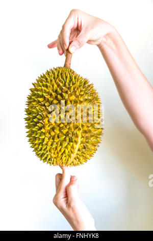 Eine Durian-Frucht mit beiden Händen von einer jungen Frau gehalten. Stockfoto