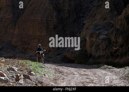 Motorradfahrer auf Titus Canyon Road, Death Valley Nationalpark, Kalifornien, Vereinigte Staaten von Amerika Stockfoto