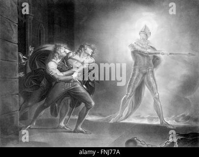 Hamlet, Horatio, Marcellus und der Geist vor dem Palast Elsinor. aus einem Gemälde von Henry Fuseli, 1796 Stockfoto