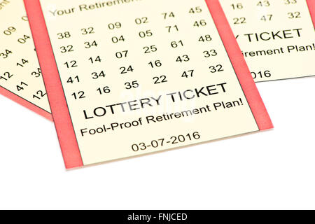 Lottery Ticket Pensionsplan auf weißem Hintergrund. Stockfoto