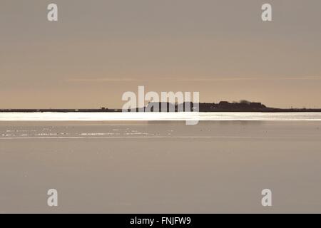 Helle Streifen auf dem Wattenmeer vor der Warft auf der kleinen Insel Öland inmitten der breiten Nordsee, 7. November 2010 Stockfoto